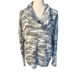 Lucky Brand Medium Grey Camo Waffle Knit Cowl Neck Sweatshirt Thermal Top